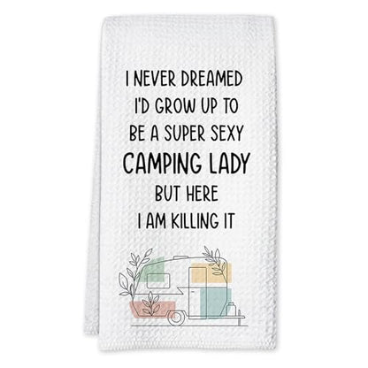 Camping Kitchen Towels 16x24 Waffle Weave, I Never Dreamed I’d Grow Up to Be a Super Sexy Camping Lady Dish Towels, Camp RV Gifts for Women, Gifts for Campers -A02 - color: Camping_02