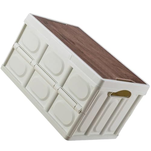 OSALADI Outdoor Foldable Storage Box with White Wood Lid, Medium Plastic Sundries Organizer Trunk for Camping Clothes and Car Use