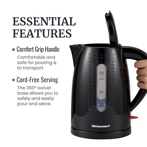 Elite Gourmet EKT5051 1.7L Electric Water Kettle, BPA-Free, Fast Boil, Auto Shut-Off, Boil-dry Protection, 360° Swivel Base with Cordless Serving, Clear-view Window with Water Level Markings, Black - color: Black