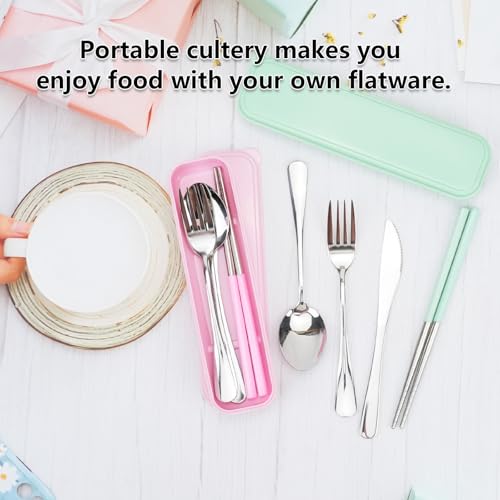 JEPELUS 2 Pcs Travel Utensils with Case, Reusable Lunch Box Silverware Set for Adult, Stainless Steel Cutlery Set Include Fork Spoon Knife Chopsticks Case for Work Camping Office School (Pink+Green)