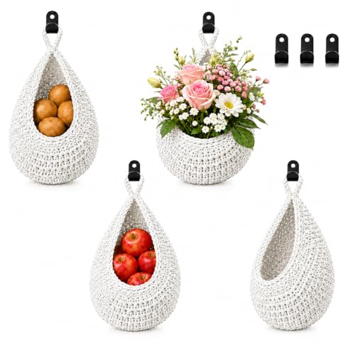 Boho Decor Hanging Fruit Baskets for Kitchen, 3 Pack Handwoven Teardrop Wall Hanging Baskets with Hooks, Storage for Fruits, Onions, Vegetables & Potatoes, 3 Sizes for Home, White - color: White