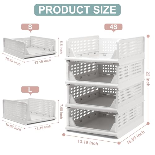Goderewild Stackable Foldable Storage Baskets, Folding Storage Bins, Closet Organizers and Plastic Drawer Shelf Storage Container for Wardrobe, Cupboard, Kitchen, Bathroom, Office (White, 4S) - size: 4S