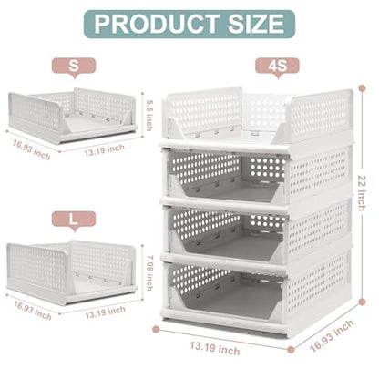 Goderewild Stackable Foldable Storage Baskets, Folding Storage Bins, Closet Organizers and Plastic Drawer Shelf Storage Container for Wardrobe, Cupboard, Kitchen, Bathroom, Office (White, 4S) - size: 4S