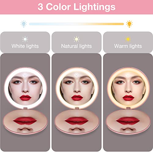 wobsion 10X Magnifying Tabletop Mirror, Touch Dimmable, 3 Color Temperature Adjustment, Auto Light Off, Rechargeable, Compact 4 inch x 0.8 inch - color: 4inch Rechargeable Rose Gold