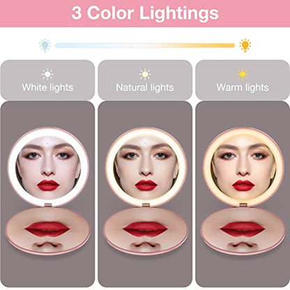 wobsion 10X Magnifying Tabletop Mirror, Touch Dimmable, 3 Color Temperature Adjustment, Auto Light Off, Rechargeable, Compact 4 inch x 0.8 inch - color: 4inch Rechargeable Rose Gold
