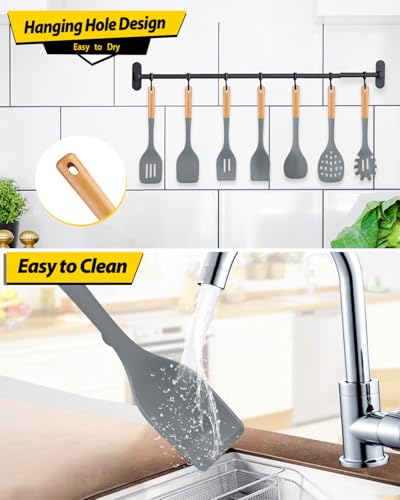 Silicone Kitchen Utensil Set for Non Stick Cookware, 7 Pcs Heat Resistant Cooking Utensils with Wooden Handle, BPA Free Kitchen Tools with Spatulas, Spoons, Skimmer and Pasta Fork (GRAY) - color: Gray