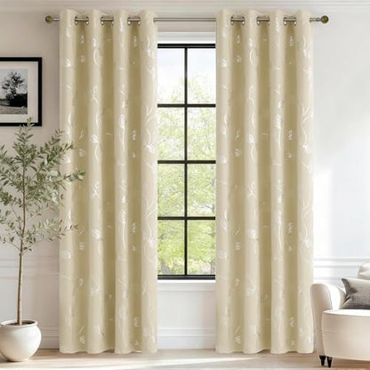BUHUA Christmas Beige Blackout Curtains 84 Inches Long, Darkening Curtains for Bedroom Window Curtain Panels with Leaf Pattern (52 x 84 Inch,Beige,2 Panels) - color: Silver Leaf /Beige, size: 52"W x 84"L (Pack of 2)