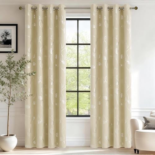 BUHUA Room Darkening Curtains 63 Inch Length, Window Treatments for Living Room Grommet Curtains with Silver Leaf Foil Design (52 x 63 Inch,Beige,Set of 2) - color: Silver Leaf /Beige, size: 52"W x 63"L (Pack of 2)