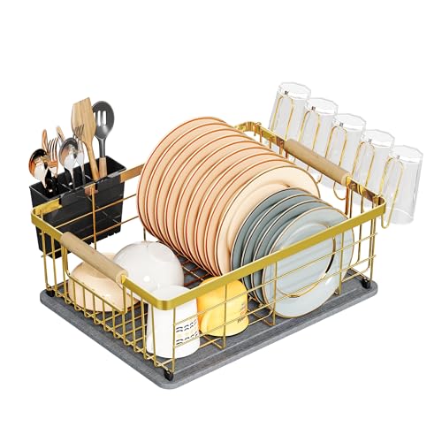 Dish Drying Rack Gold with Diatomaceous Earth 1 Tier,Multifunctional Dish Racks for Kitchen Counter Quick-Drying,Large Capacity Space Saving with Cutlery Cups Holder - color: Gold, size: 1 Tier