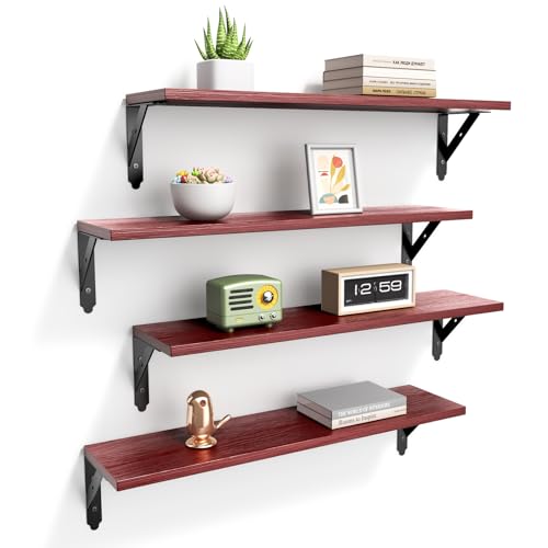ROMGUAR CRAFT Wood Floating Shelves Set of 4, Rustic Storage Decor Wall Shelves, Wall Mounted Shelf for Living Room, Bedroom 23.6" x 6", Red - color: Red, size: 23.6" x 6"