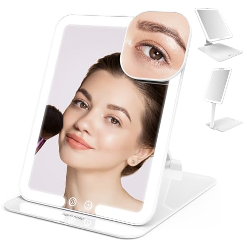 Mocado Travel Makeup Mirror with Light, Tripple Folding Vanity Mirror with Lights, 3 Colors Lighted Makeup Mirror, 1500mAh Rechargeable, Memory Function, Freely Adjust Height and Angle(White) - color: White, size: 8"L x 6"W