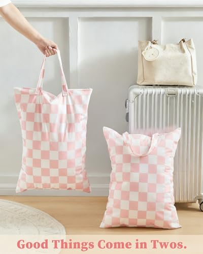 Ohocut Pink Checkered 2 Pcs Large Travel Laundry Bags for Dirty Clothes, Aesthetic Trendy Waterproof Washable Laundry Bag with Handle for Girls Women, Travel, Gym, Swimming Pool - color: Pink