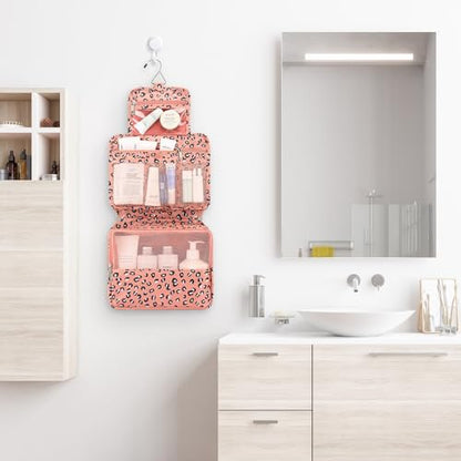 Mossio Hanging Toiletry Bag with Sturdy Hook - Large Portable Cosmetic Makeup Travel Organizer for Men & Women - color: Pink Leopard