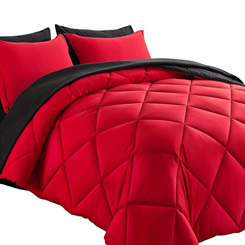 Cosybay Bed in a Bag Queen Reversible Comforter Sets 7pcs All Season Down Alternative Bedding Sets Red and Black with Comforter, Pillow Shams, Flat Sheet, Fitted Sheet and Pillowcase - color: Red/Black, size: Queen