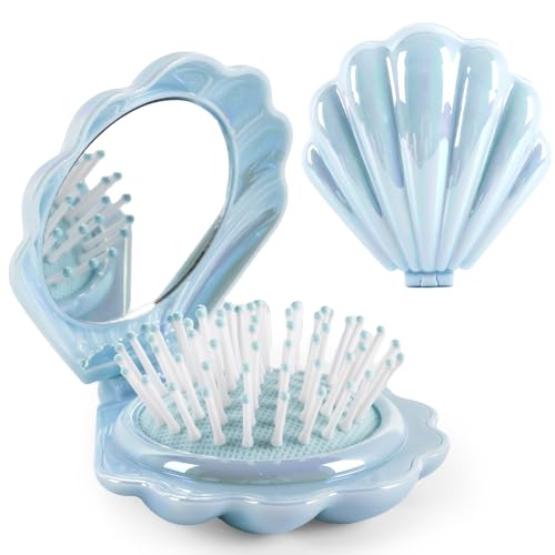Metallic Shinning Finish Foldable Travel Hair Brushes with Mirror Shell Shape Portable Folding Pocket Hairbrush Mini Hair Comb Purse Compact Size Hair Massager (Blue) - color: Style B-Blue