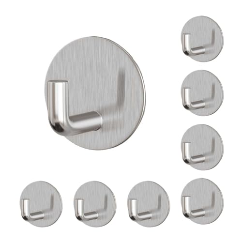 8 Pack Silver Adhesive Wall Hooks, Towel Hooks for Bathrooms, Sticky Hooks for Hanging, Stick on Wall Mount for Bathroom Kitchen Bedroom No Drill - style: R-Silver-90°