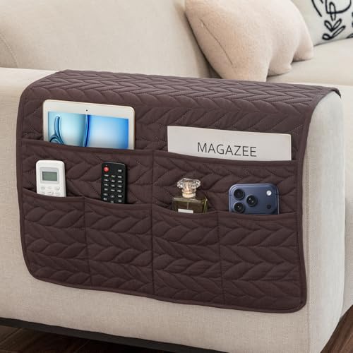 Remote Control Holder for Armchair, Couch Caddy Organizer TV Remote Holder for Recliner Couch With 6 Pockets, Non-Slip Arm Chair Caddy Bedside Table Organizer for Magazine, Tablet, Phone, iPad (Brown) - color: Brown