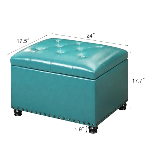 Joveco Leather Storage Ottoman, 24" Rectangle Tufted Upholstered Bench, Foot Rest Stool with Wood Legs, Footstool for Living Room, Bedroom - color: Teal Faux Leather