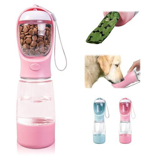 Dog Water Bottle with Food Storage & Poop Bag Dispenser - 3-in-1 Portable Pet Water Bowl for Hiking, Walking, and Travel - Ideal for Small to Large Dogs Pink - color: Pink