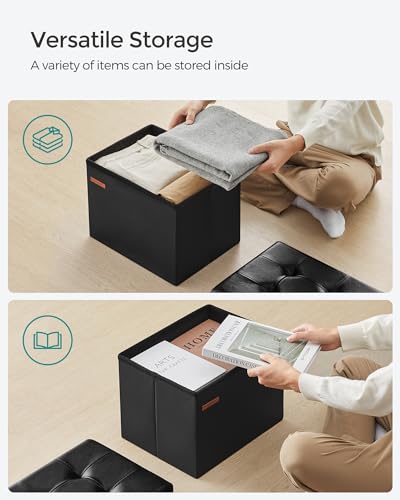SONGMICS Small Folding Storage Ottoman, Foot Rest Stool, Cube Footrest, Synthetic Leather, 12.2 x 16.1 x 12.2 Inches, 286 lb Capacity, for Living Room, Bedroom, Dorm, Ink Black ULSF100B01 - color: Ink Black, style: Synthetic Leather