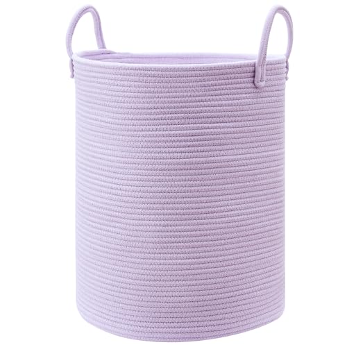 60L Large Purple Laundry Hamper Basket for Nursery Kids Tall Lavender Blanket Basket for Girls Cotton Rope Lilac Clothes Hamper in Bedroom 15Dx20H inches - color: Purple, size: Large (60L)