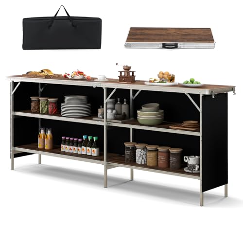COSTWAY 81" Folding Picnic Table, Portable Bar Table with Carry Bag, Lightweight Aluminum Food Prep Station with 2 Shelves, Quick Set-up, BBQ, Party, Backyard, Brown - color: Brown, size: 81"W x 32.5"H