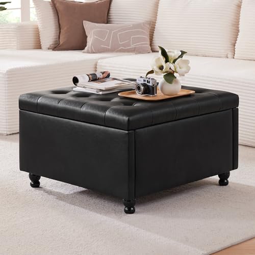 Weture Large Square Storage Ottoman Coffee Table, Oversized Square Ottoman with Storage, Tufted Upholstered Coffee Tables for Living Room (30 Inch,Leather, Black) - color: Black