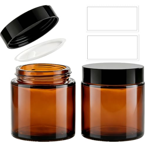 TUZAZO 4oz Amber Glass Jars with Lids, 2 Pack Round Small Glass Jars with Inner Liners & Stickers Reusable Empty Cosmetic Containers for Lotions, Body Butters, Creams, Powders, Candles - color: 4 oz Amber