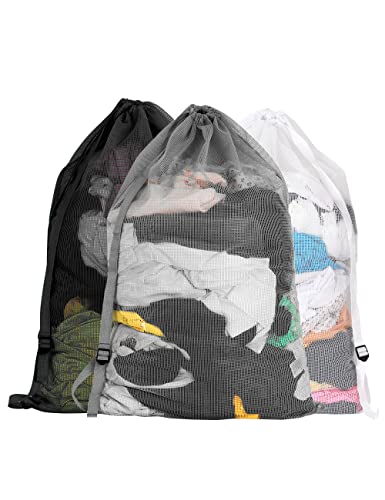 Mesh Laundry Bags with Adjustable Shoulder Strap, 24" x 36" Heavy Duty Nylon, Drawstring Closure, 3-Pack, Mixed Colors - color: Grey, White, Black-1