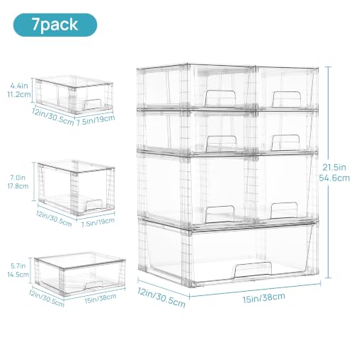 Vtopmart 7 Pack Stackable Storage Drawers, Easily Assemble Clear Plastic Organizer Bins, Storage Drawer Set for Pantry and Kitchen Cabinet Organization, Bathroom or Closet Storage - style: 1 Wide+2 Medium+4 Small