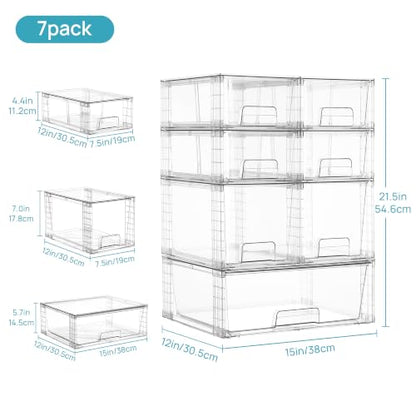 Vtopmart 7 Pack Stackable Storage Drawers, Easily Assemble Clear Plastic Organizer Bins, Storage Drawer Set for Pantry and Kitchen Cabinet Organization, Bathroom or Closet Storage - style: 1 Wide+2 Medium+4 Small