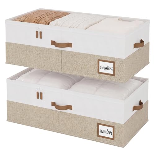 StorageWorks Under Bed Storage Bins, 10" Underbed Storage Containers with Clear Lid, Handles and Label Holder, 20.5 Gallon Storage Box for Clothes, Bedding, Blankets, Shoes, Baby Clothes, 2 Pack - color: Brown & White
