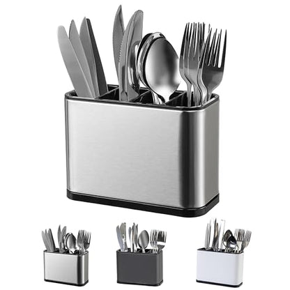 LIBODOUR Utensil Holder,Stainless Steel Caddy Counter,Spoon holder,4 Compartments Silverware Caddy,Capacity Flatware Spoon Fork Tool Cutlery Holder（Silvery） - color: silvery