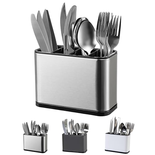 LIBODOUR Utensil Holder,Stainless Steel Caddy Counter,Spoon holder,4 Compartments Silverware Caddy,Capacity Flatware Spoon Fork Tool Cutlery Holder（Silvery） - color: silvery