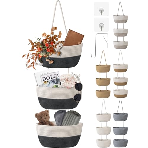 3 Tier Wall Mounted Woven Hanging Basket, Over the Door Hanging Basket with Hooks, Decorative Storage Hanging Closet Removable, Large Wall Basket for Living Room, Kitchen (White & Gray) - color: White & Gray