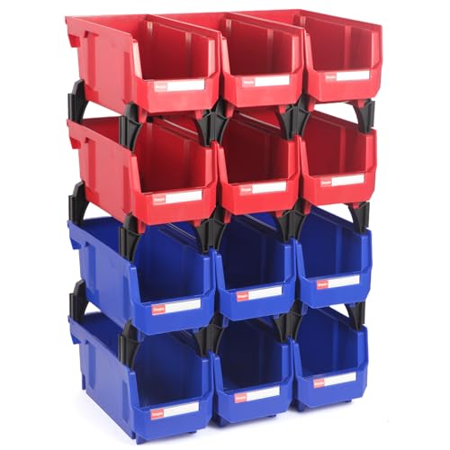 Stackable Storage Bins 12 Pack (11x5x5 Inch), Plastic Stackable Storage Organizer Bins Wall Mounted Hanging Samll Parts Bin for Garage, Workbench & Office (Blue & Red) - color: Blue & Red 12pack, size: 11x5x5 inch