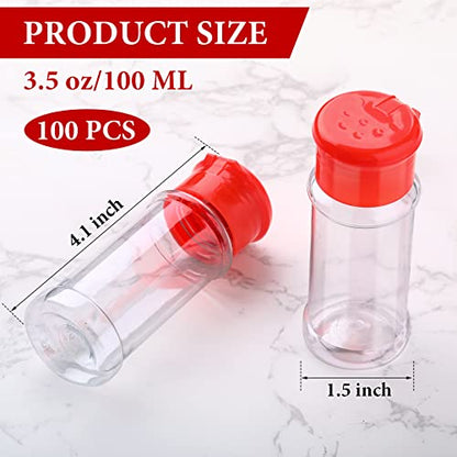 Amyhill 100 Pcs Plastic Spice Bottles Spice Jars Seasoning Jars Shaker Plastic Jars 3.3 Oz/ 100ml Seasoning Shaker with Shaker Lids(Red Lid) - color: Red Lid