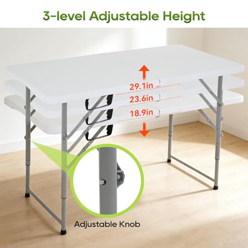 FDW 4FT Folding Table, Portable Fold-in-Half Plastic Picnic Party Table with Carrying Handle (White, 4FT)