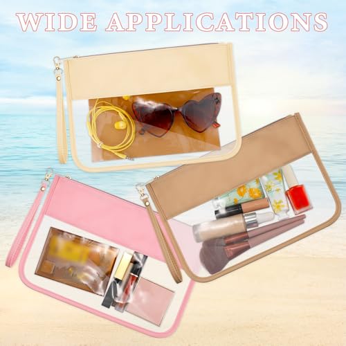 Sanwuta 3 Pcs Clear Flat Zipper Snack Pouches, Sunscreen Chenille Letter Makeup Bags, Portable Waterproof PVC Travel Cosmetic Clearly Tote Pouch Set for Beach Women Teacher Gift(Pink, Beige, Brown) - color: Pink, Beige, Brown