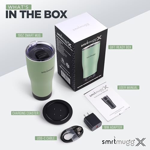 SmrtMugg X Heated Coffee Mug 19 oz., 8 Hour Battery Life, Self-Heating, Adjustable Temp Controlled, LCD Screen, Includes Cover with Magnetic Slider (Black) (Sage Green) - color: Sage Green