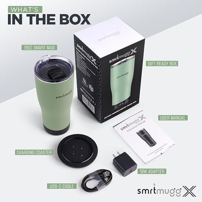 SmrtMugg X Heated Coffee Mug 19 oz., 8 Hour Battery Life, Self-Heating, Adjustable Temp Controlled, LCD Screen, Includes Cover with Magnetic Slider (Black) (Sage Green) - color: Sage Green