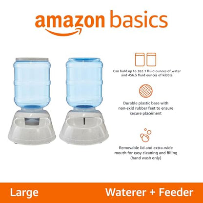 Amazon Basics Large Capacity Automatic Pet Water Dispenser and Gravity Feeder Set, Easy to Clean, 456.6fl.oz Food, 382.1fl.oz Water, Pack of 2 - size: Large, style: Waterer + Feeder