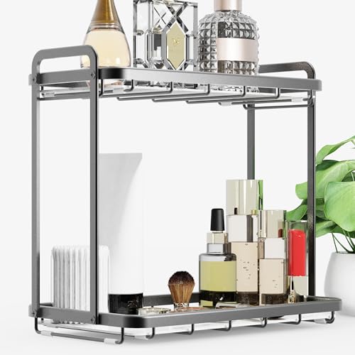 Counter Organizer for Bathroom, Kitchen or Coffee Bar, Metal Shelf with Faux Marble, Vanity Countertop Makeup Storage, Dresser Perfume Display Rack, Toilet Tank Tray (Matte Black, 2-Tier) - color: Matte Black, size: 2-tier