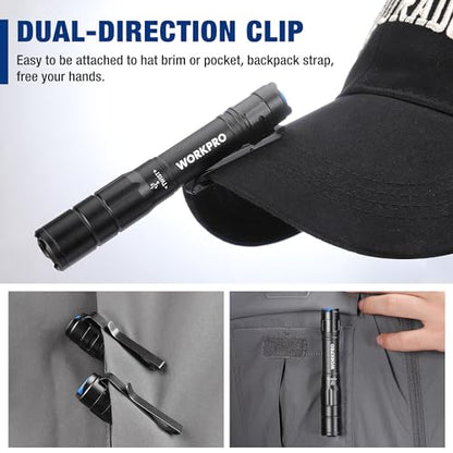 WORKPRO Rechargeable Pen Light, Mini Flashlight, 2 Pack Ultra-Compact EDC Flashlight, Pocket Flashlight with Clip, Memory Function and 2 x USB C Cable Included, Black - color: Black