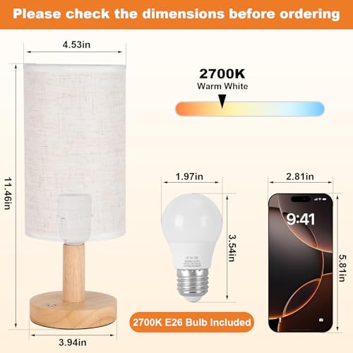 Rechargeable Cordless Touch Table Lamp with Stepless Dimming,Natural Wood Base&Linen Shade,Small Battery Wireless Ambient Night Light for Bedroom,Bedside,Nightstand,Nursery,Kitchen,Camping,Outdoor - size: Round - Cordless Touch - Set of 1