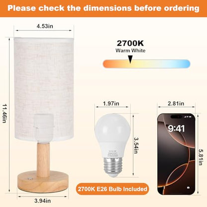 Rechargeable Cordless Touch Table Lamp with Stepless Dimming,Natural Wood Base&Linen Shade,Small Battery Wireless Ambient Night Light for Bedroom,Bedside,Nightstand,Nursery,Kitchen,Camping,Outdoor - size: Round - Cordless Touch - Set of 1