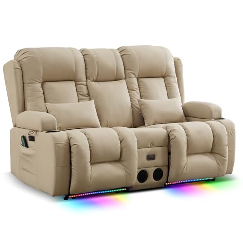 TUNYI Power Loveseat Recliner Sofa with Massage & Heat Home Theater Seating with Console RV Recliner Loveseat Sofa with USB/Storage/Side Pocket/LED Light/Speaker (Beige, Loveseat) - color: Beige, size: 2 Seat