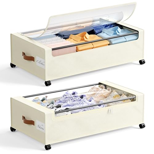 Yecaye 82 L Under Bed Storage with Wheels, 9.4 in Under Bed Storage Containers, Large Under Bed Shoe Storage with Lids, Rolling Underbed Storage bins for Clothes, Blankets, Beige - color: Beige, size: Extra Extra Large(2Pack)-9.4"H