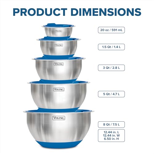 Viking Mixing Bowls Set, 10 Piece Stainless Steel Kitchen Cookware, Non-Slip Silicone Base, Includes Tight Fit Lids, Dishwasher Safe, Blue - color: Blue