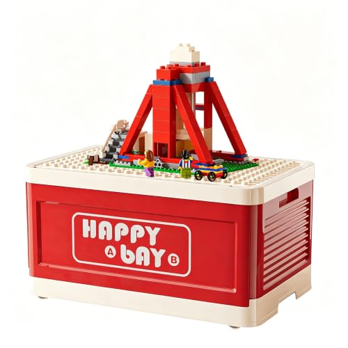 21L 22 Qt Folding Storage Box with Large Building Block Lid, Collapsible Toy Organizer Compatible with Duplo Blocks, Push Pull Storage Bin with Quiet Wheels(1pc-red) - color: Red